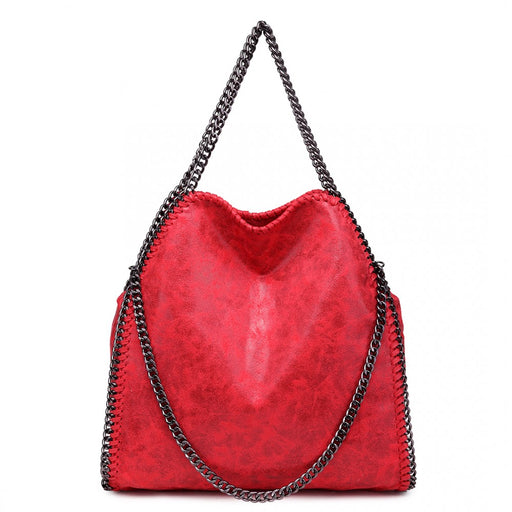 S1760 - Miss Lulu Metallic Effect Chain Tote Bag - Red - Image 1