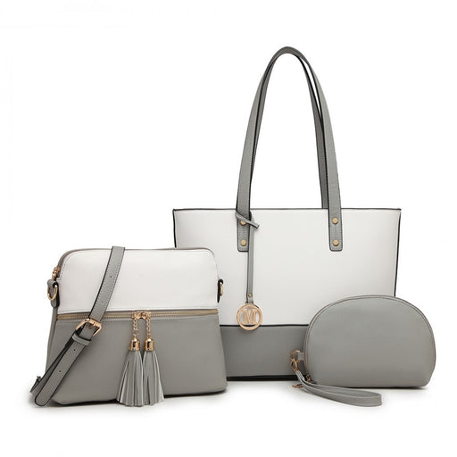 Lg2023 - Miss Lulu 3 Piece Leather Look Tote Bag Set - Grey And White - Image 1