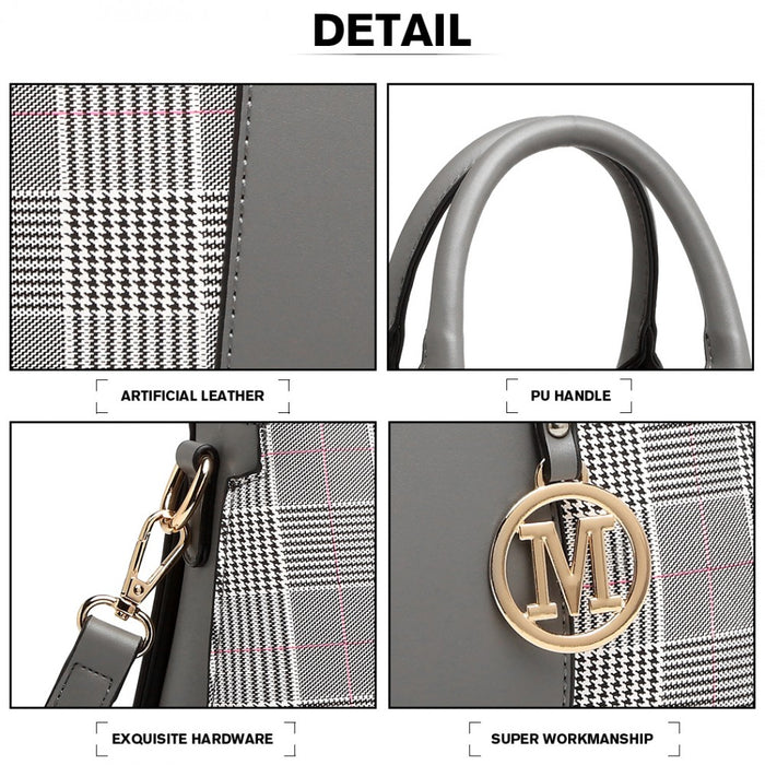 Lg2001 - Miss Lulu Gingham Plaid Panel Shoulder Bag - Grey - Image 6