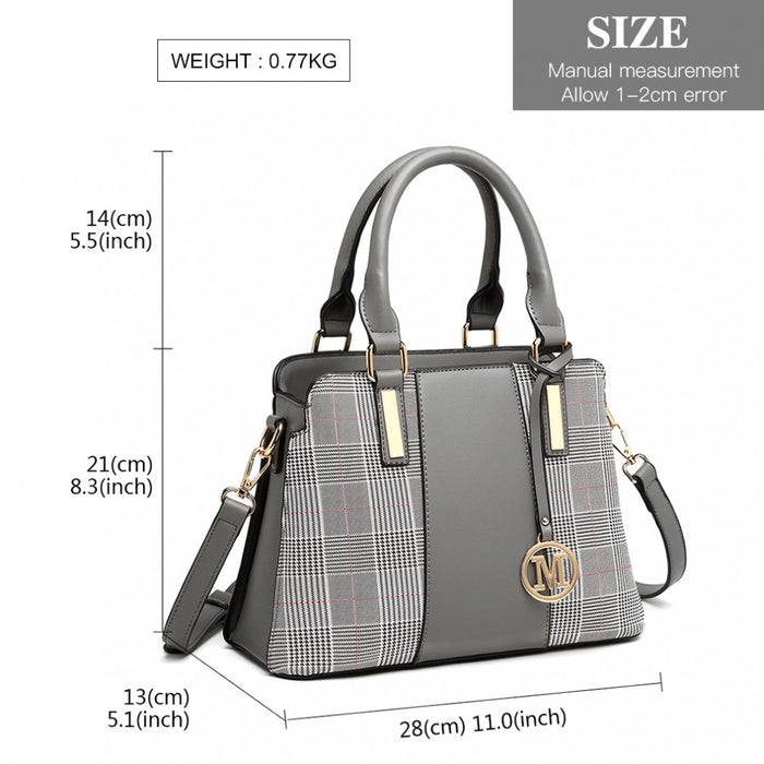 Lg2001 - Miss Lulu Gingham Plaid Panel Shoulder Bag - Grey - Image 4