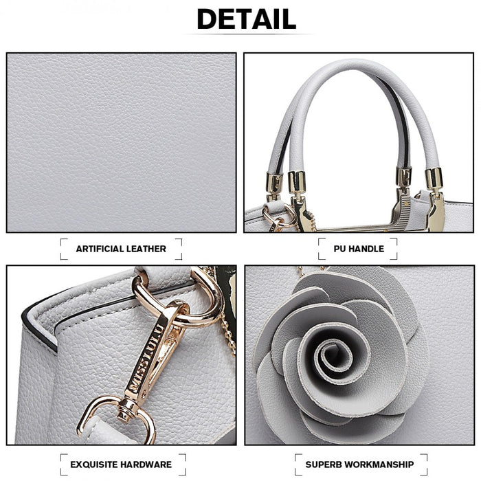 Lg1847 - Miss Lulu Pu Leather Rose Hanging Ornament Handbag - Grey - Image 4