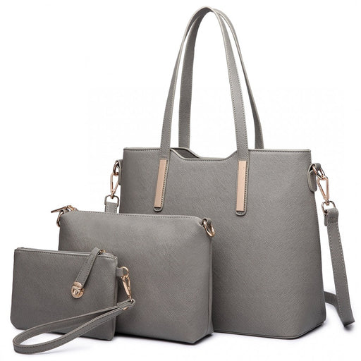 Lt6648 - Miss Lulu Three Piece Tote Shoulder Bag And Clutch - Dark Grey - Image 1