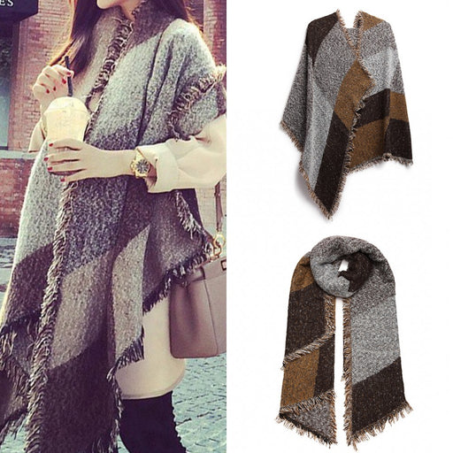 S6427 - Women Ladies Fashion Plaid Scarf Blanket Winter Warm Wrap Shawl - Coffee - Image 1