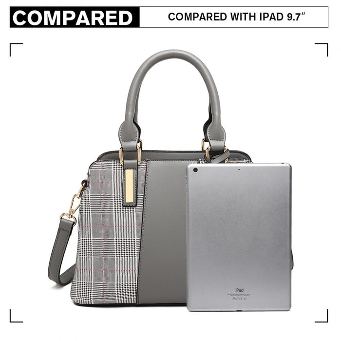 Lg2001 - Miss Lulu Gingham Plaid Panel Shoulder Bag - Grey - Image 5