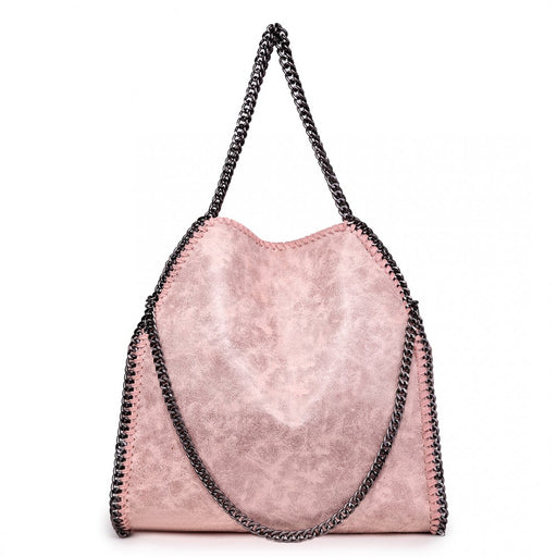 S1760 - Miss Lulu Metallic Effect Chain Tote Bag - Nude - Image 1