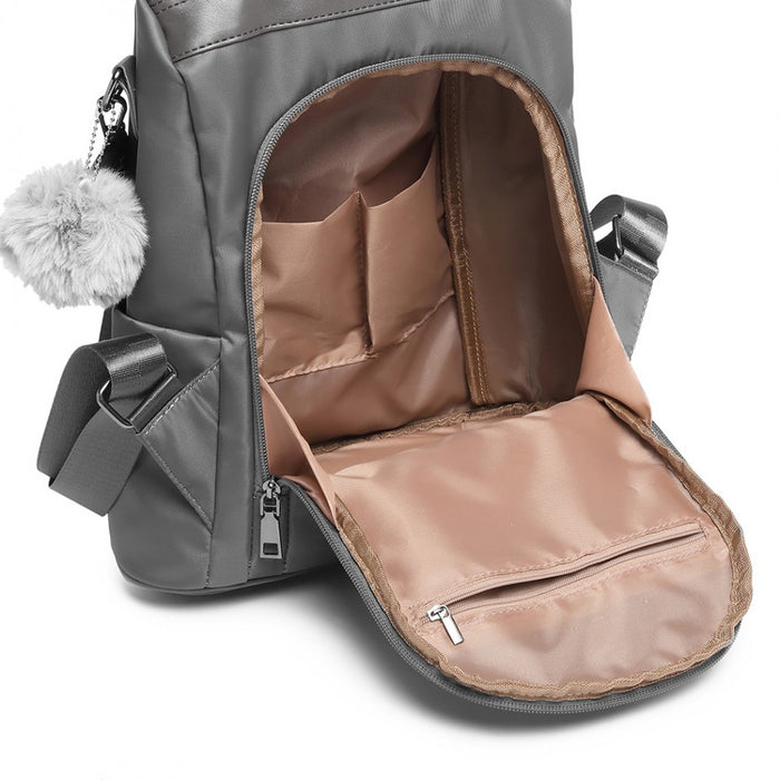 Lg1903 - Miss Lulu Two Way Backpack Shoulder Bag With Pom Pom Pendant - Grey - Image 9