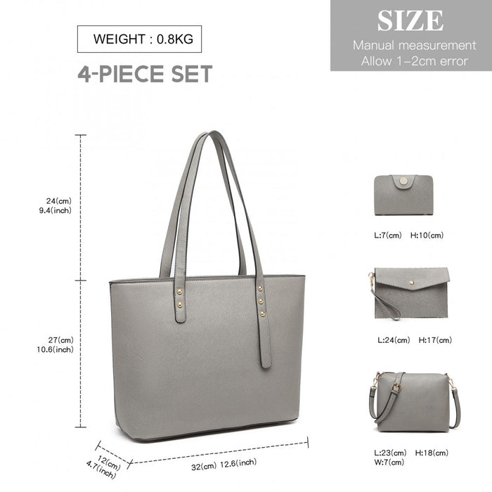 Lg6931 - Miss Lulu 4 Piece Handbag Set - Grey - Image 4