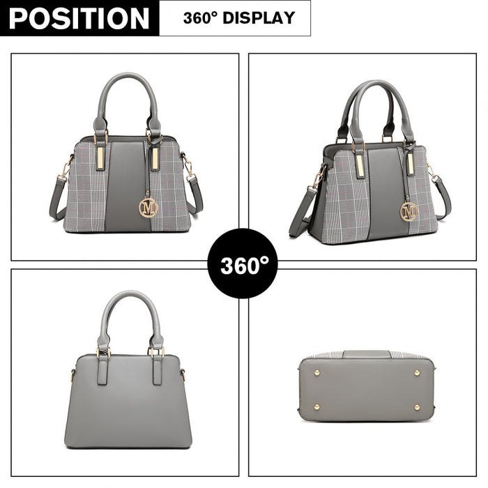 Lg2001 - Miss Lulu Gingham Plaid Panel Shoulder Bag - Grey - Image 3