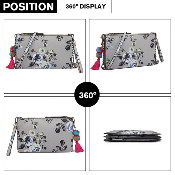 Lg6803-miss Lulu Canvas With Pompom Pendant Handbag Shoulder Bag Grey - Image 7