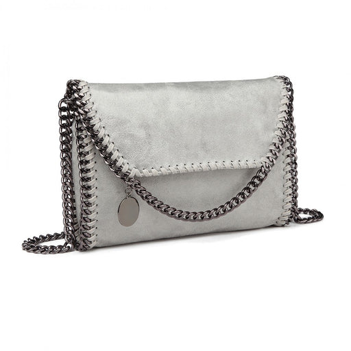 E6844 - Miss Lulu Leather Look Chain Fold-over Shoulder Bag - Grey - Image 1