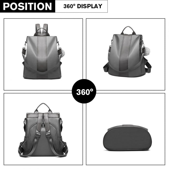 Lg1903 - Miss Lulu Two Way Backpack Shoulder Bag With Pom Pom Pendant - Grey - Image 4