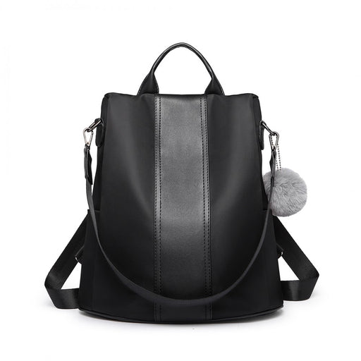 Lg1903 - Miss Lulu Two Way Backpack Shoulder Bag With Pom Pom Pendant - Black - Image 1