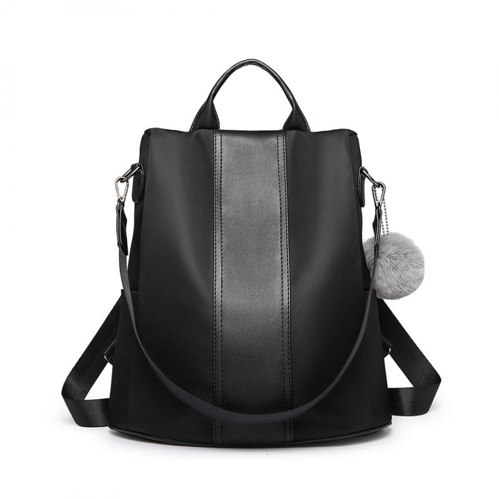 Lg1903 - Miss Lulu Two Way Backpack Shoulder Bag With Pom Pom Pendant - Black - Image 1