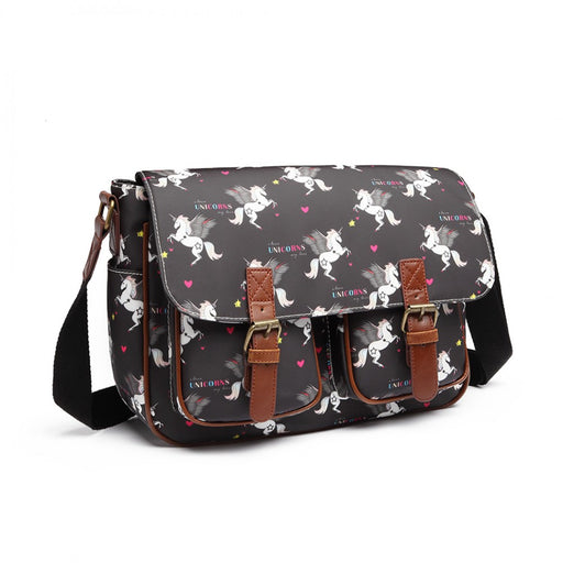 L1107 Un - Miss Lulu Matte Oilcloth Unicorn Satchel - Black - Image 1