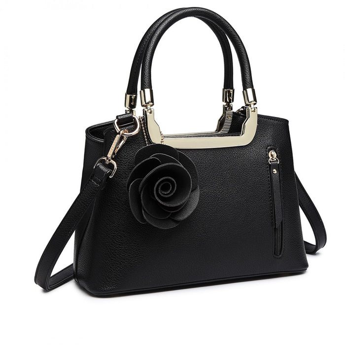 Lg1847 - Miss Lulu Pu Leather Rose Hanging Ornament Handbag - Black - Image 2