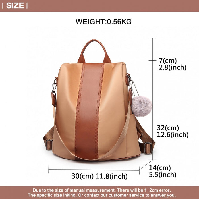 Lg1903 - Miss Lulu Two Way Backpack Shoulder Bag With Pom Pom Pendant - Brown - Image 5