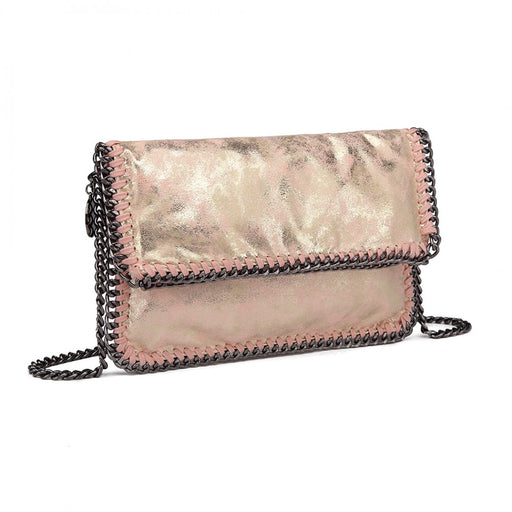E6843 - Miss Lulu Leather Look Folded Metal Chain Clutch Shoulder Bag - Pink - Image 1