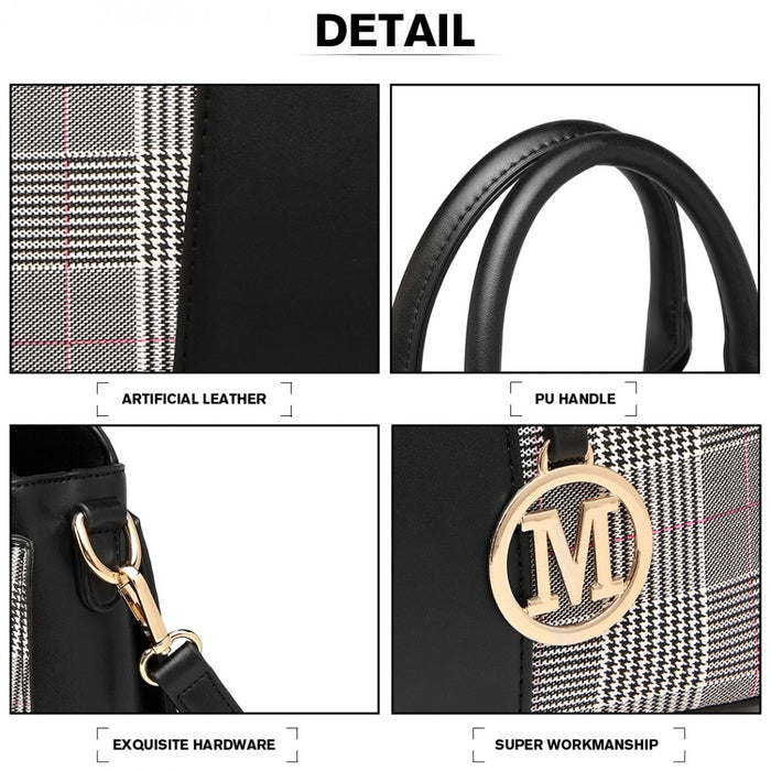 Lg2001 - Miss Lulu Gingham Plaid Panel Shoulder Bag - Black - Image 6