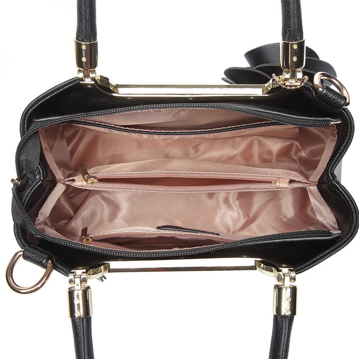 Lg1847 - Miss Lulu Pu Leather Rose Hanging Ornament Handbag - Black - Image 3