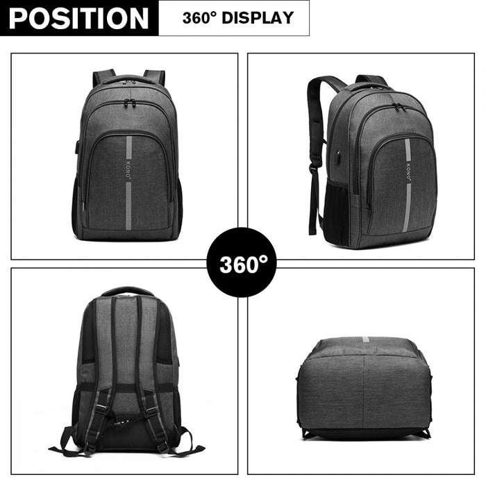 E1972 - Kono Large Backpack With Reflective Stripe And Usb Charging Interface - Grey - Image 4