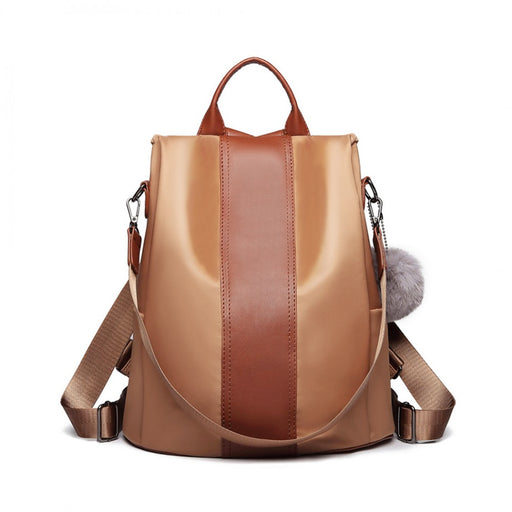 Lg1903 - Miss Lulu Two Way Backpack Shoulder Bag With Pom Pom Pendant - Brown - Image 1