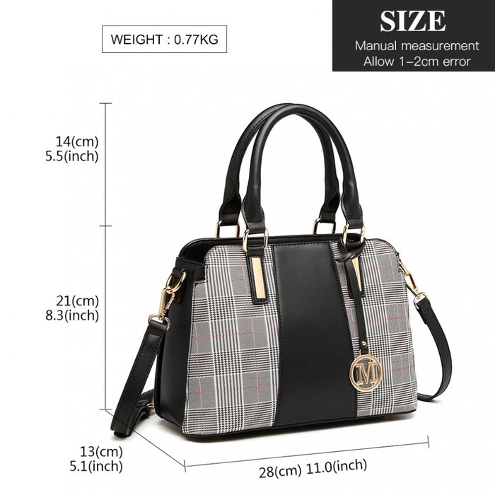 Lg2001 - Miss Lulu Gingham Plaid Panel Shoulder Bag - Black - Image 4