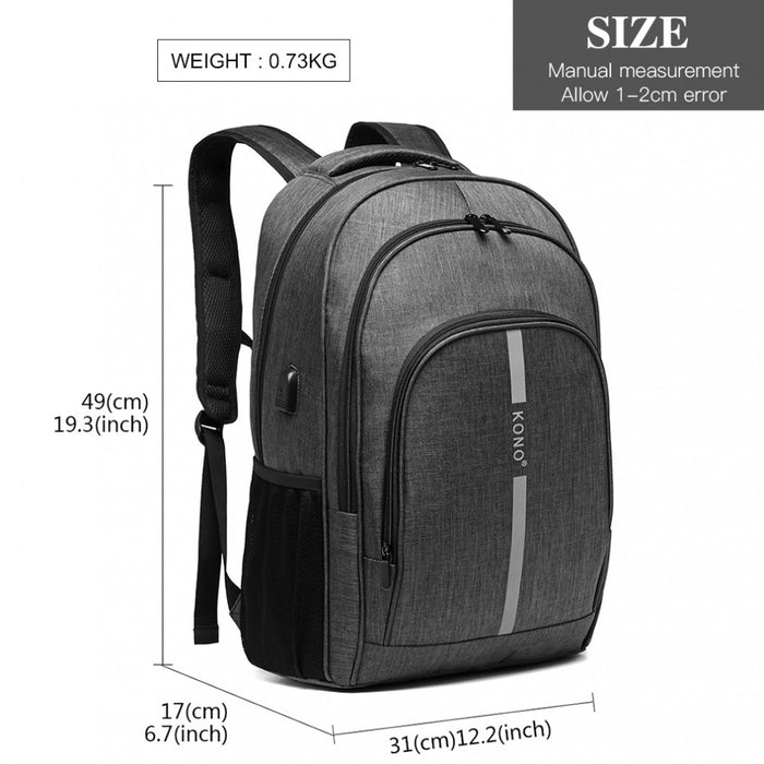 E1972 - Kono Large Backpack With Reflective Stripe And Usb Charging Interface - Grey - Image 5
