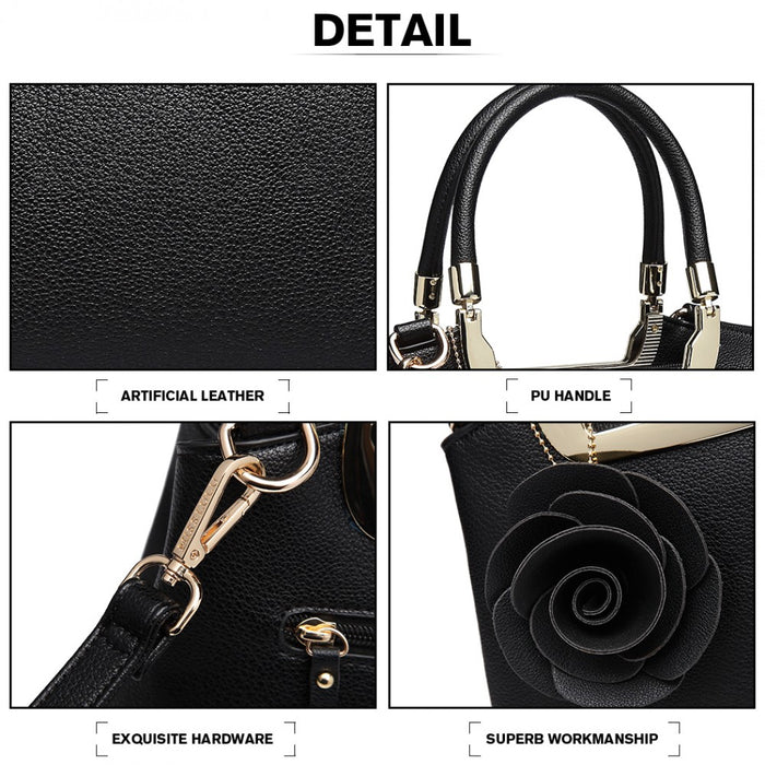 Lg1847 - Miss Lulu Pu Leather Rose Hanging Ornament Handbag - Black - Image 4