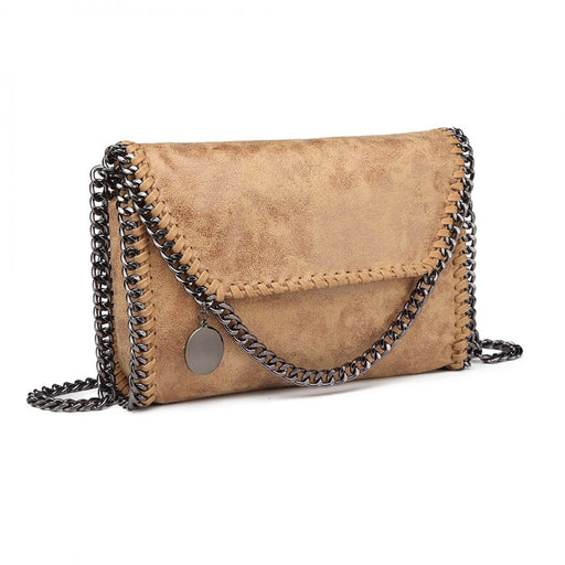 E6844 - Miss Lulu Leather Look Chain Fold-over Shoulder Bag - Apricot - Image 1
