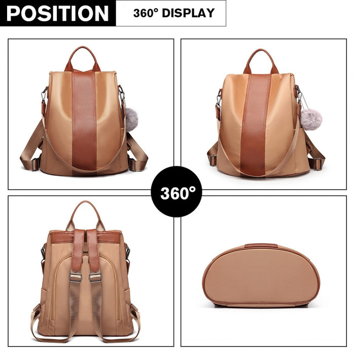 Lg1903 - Miss Lulu Two Way Backpack Shoulder Bag With Pom Pom Pendant - Brown - Image 4