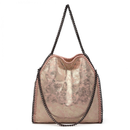 S1760 - Miss Lulu Metallic Effect Chain Tote Bag - Pink - Image 1