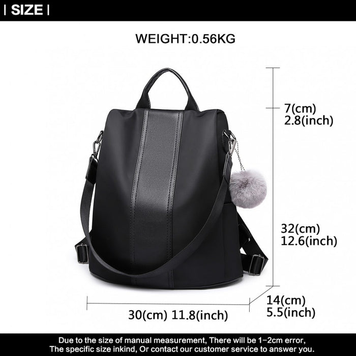 Lg1903 - Miss Lulu Two Way Backpack Shoulder Bag With Pom Pom Pendant - Black - Image 5
