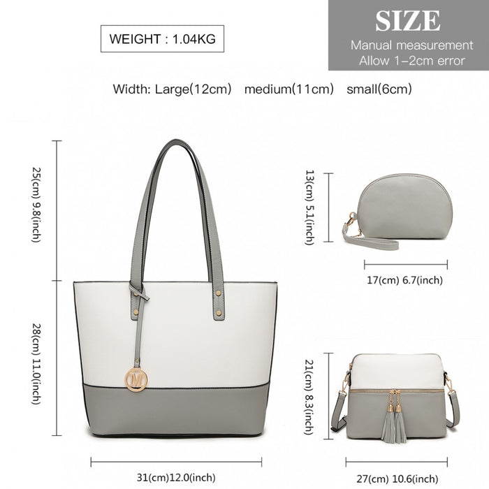 Lg2023 - Miss Lulu 3 Piece Leather Look Tote Bag Set - Grey And White - Image 4