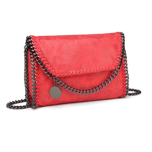 E6844 - Miss Lulu Leather Look Chain Fold-over Shoulder Bag - Red - Image 1
