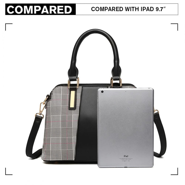 Lg2001 - Miss Lulu Gingham Plaid Panel Shoulder Bag - Black - Image 5