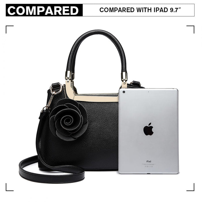 Lg1847 - Miss Lulu Pu Leather Rose Hanging Ornament Handbag - Black - Image 7