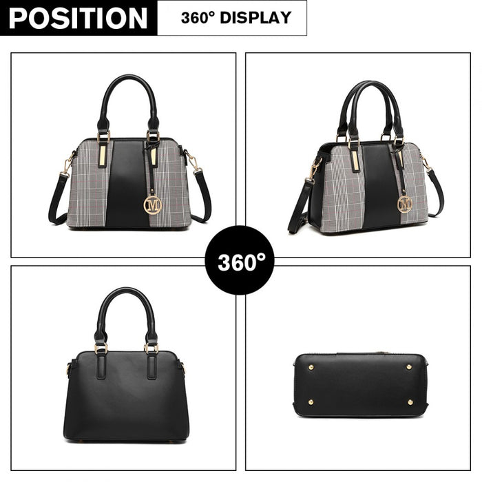 Lg2001 - Miss Lulu Gingham Plaid Panel Shoulder Bag - Black - Image 3