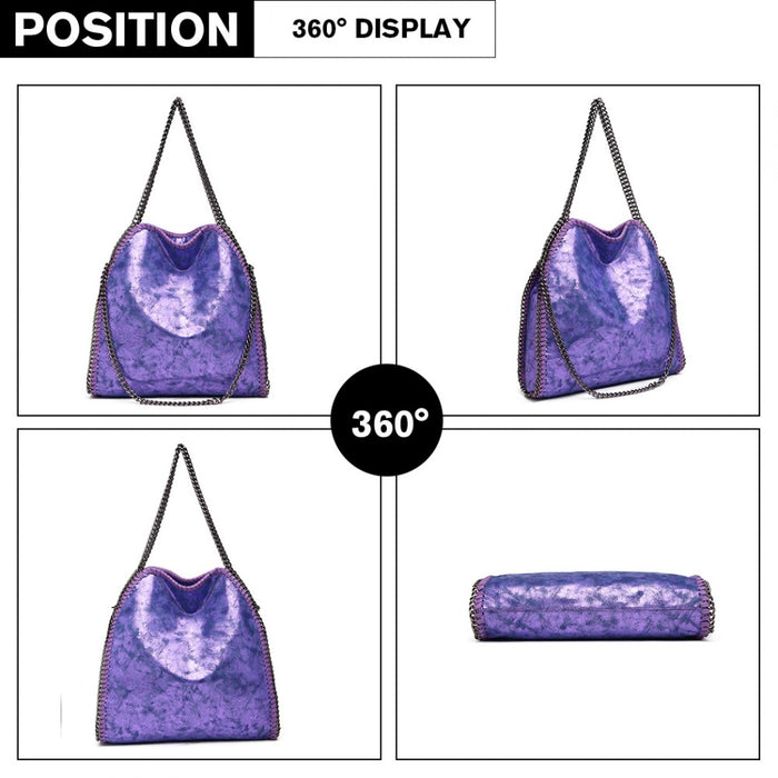 S1760 - Miss Lulu Metallic Effect Chain Tote Bag - Purple - Image 3