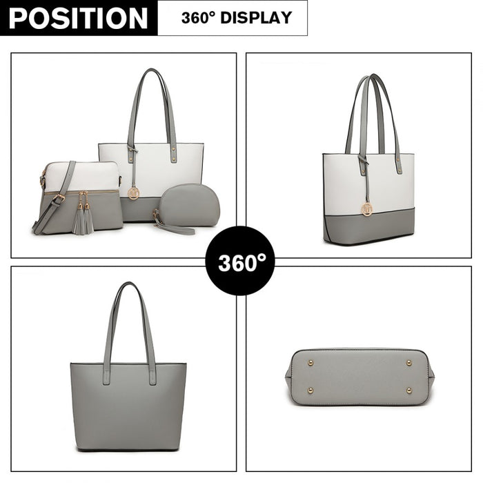 Lg2023 - Miss Lulu 3 Piece Leather Look Tote Bag Set - Grey And White - Image 3