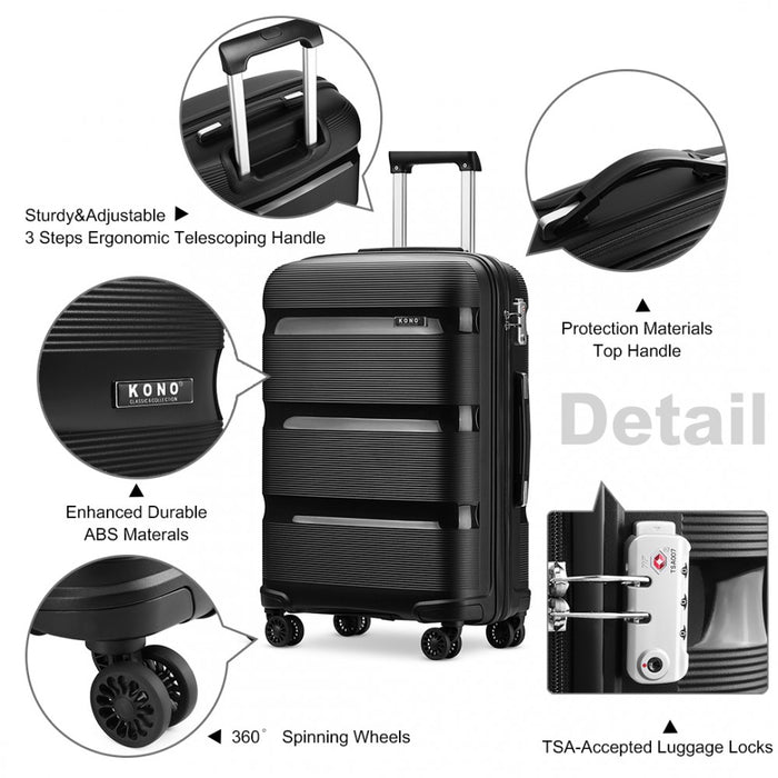 K2092 - Kono Bright Hard Shell Pp Suitcase 3 Pieces Set - Classic Collection - Black - Image 6