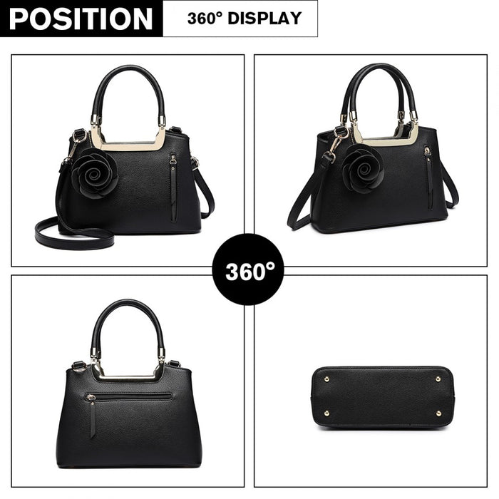 Lg1847 - Miss Lulu Pu Leather Rose Hanging Ornament Handbag - Black - Image 8