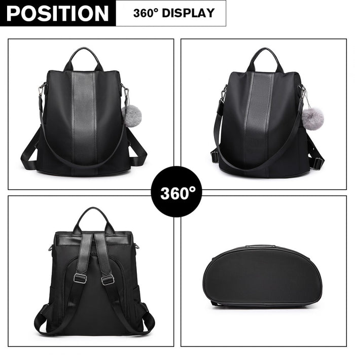 Lg1903 - Miss Lulu Two Way Backpack Shoulder Bag With Pom Pom Pendant - Black - Image 4