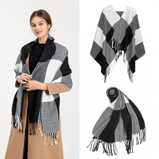 S6430 - Women Fashion Long Shawl Grid Tassel Winter Warm Lattice Large Scarf - Black - Image 1