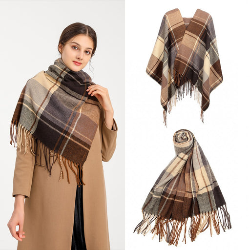 S6430 - Women Fashion Long Shawl Grid Tassel Winter Warm Lattice Large Scarf - Brown - Image 1