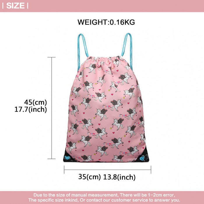 E1406-un - Miss Lulu Unicorn Print Drawstring Backpack - Pink