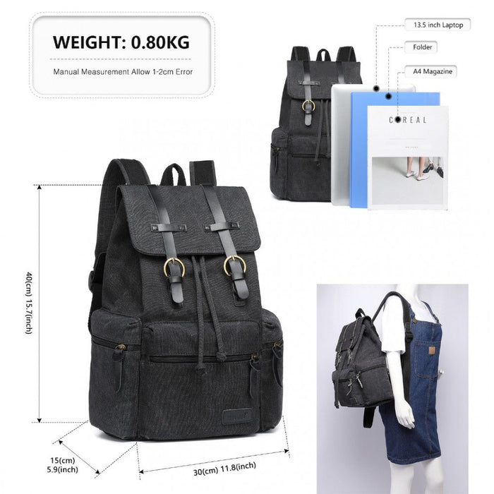 E1672 - Kono Large Multi Function Leather Details Canvas Backpack Black