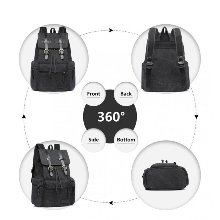 E1672 - Kono Large Multi Function Leather Details Canvas Backpack Black
