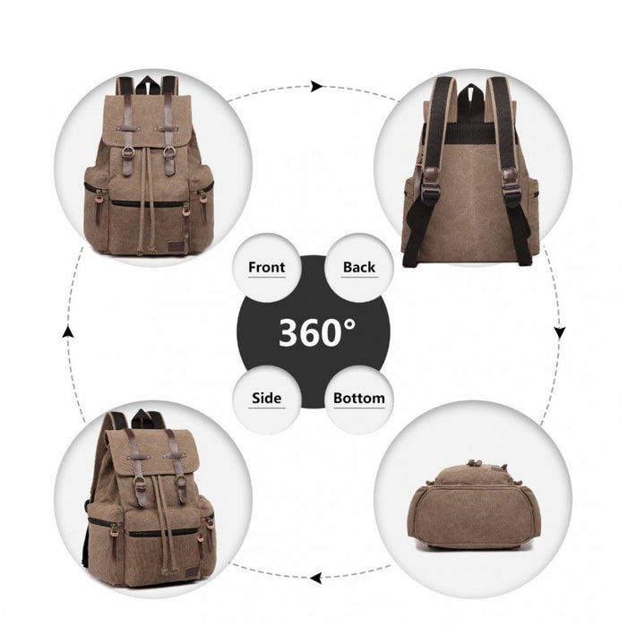 E1672 - Kono Large Multi Function Leather Details Canvas Backpack Coffee