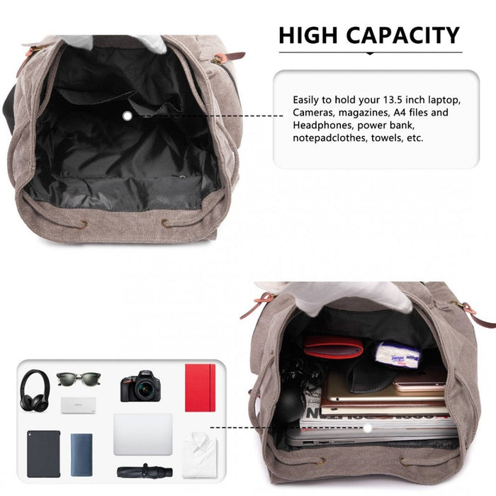 E1672 - Kono Large Multi Function Leather Details Canvas Backpack Grey