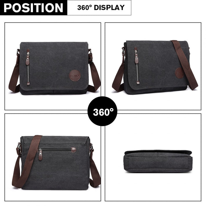 E1824-1 - Kono Rfid-blocking Retro Style Canvas Cross Body Messenger Bag - Black
